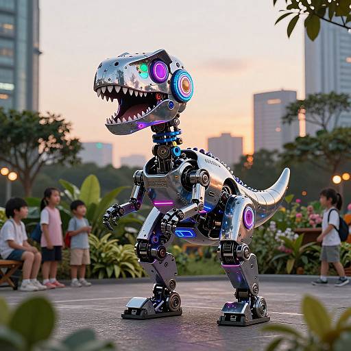 Photograph of a glowing, robotic T-Rex with neon lights, standing in a park at sunset, surrounded by children and urban buildings.