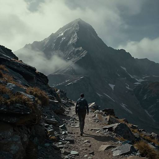 Photograph of a hiker with backpack, wearing dark clothes, walking up a rocky mountain trail towards a snow-capped peak under a cloudy sky.