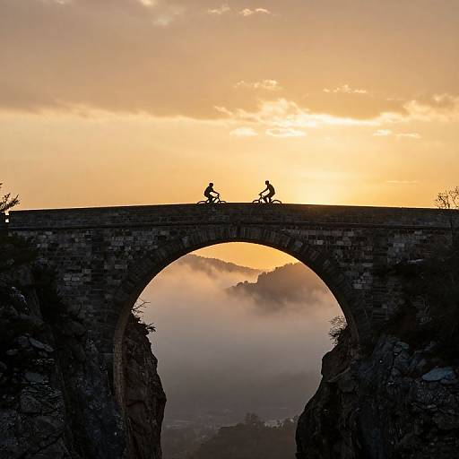 Photograph of two cyclists silhouetted against a sunset on a stone arch bridge, with misty valley below and golden sky.