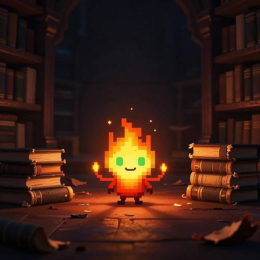 Digital artwork of a pixelated, glowing, orange fire-like creature with green eyes, standing between two stacks of books in a dimly lit, ar