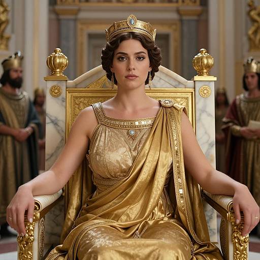 Photorealistic digital artwork of a fair-skinned woman with dark curly hair, wearing a golden crown and draped gold dress, sitting on an ornate