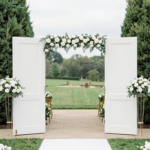 Photograph of a white, rectangular wedding arch adorned with white flowers, flanked by tall green trees, leading to a grassy garden.