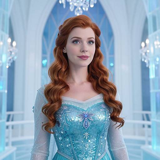 Photograph of a fair-skinned woman with long, wavy red hair, wearing a sparkling blue Elsa-style dress with intricate silver patterns, standing in