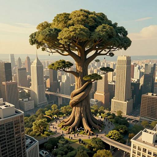 Photorealistic CGI of a colossal tree with a twisted trunk in a bustling cityscape, towering over skyscrapers, with tiny people walking below.