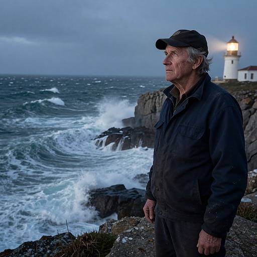Elderly man in dark jacket and cap stands by rocky seaside, gazing at stormy ocean, white lighthouse illuminated in background. Photograph.