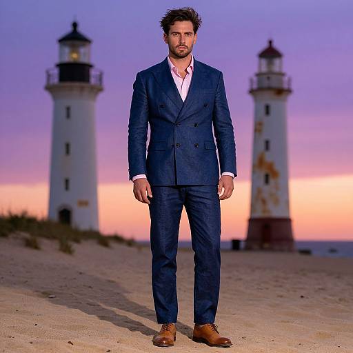 Photograph of a bearded man in a navy suit, white shirt, and brown shoes standing on a sandy beach at sunset, with two white l