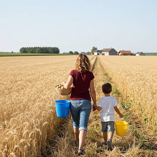 Photograph of a curly-haired woman in a maroon shirt and blue capris, holding a blue bucket, walking with a young boy in a white