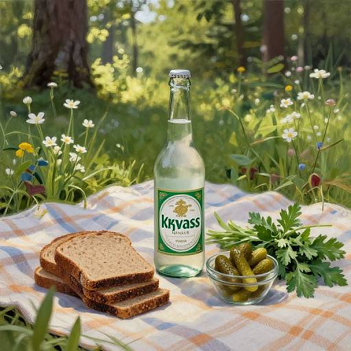 Photograph of a picnic scene: Krupass Ginger Beer bottle, two slices of brown bread, and pickles in a glass bowl on a check