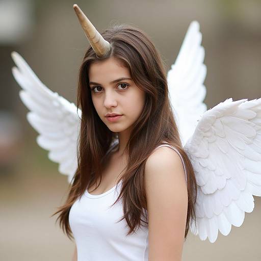 Photograph of a young woman with long brown hair, white wings, and a small golden horn, wearing a white tank top, looking intently at
