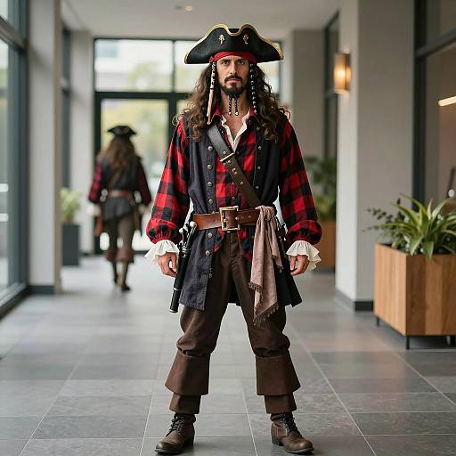 Man in Halloween Pirate Costume in Modern Hallway