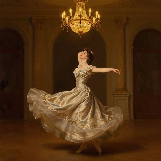 Photograph of a dancing woman in a flowing, gold-embroidered ball gown, illuminated by a glowing chandelier in an ornate, dim