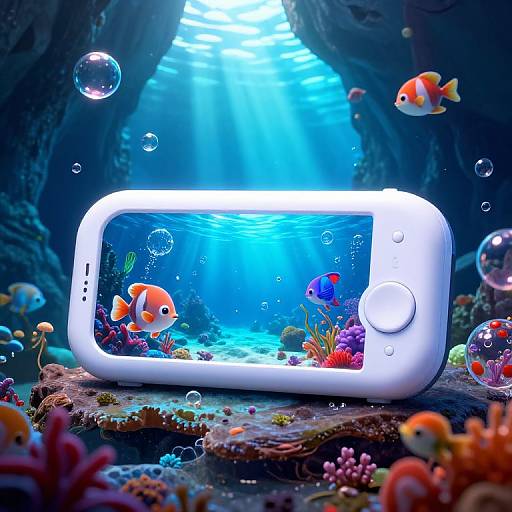 Photorealistic digital artwork of a glowing white underwater smartphone case, surrounded by colorful fish and coral, with bubbles and sunlight filtering through a cave.