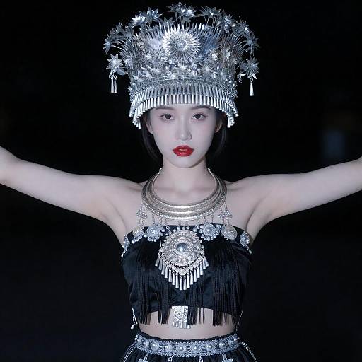Woman in Traditional Silver Headdress and Black Dress