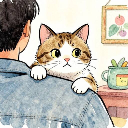 Watercolor-style drawing of a curious, orange-and-white cat with wide eyes peeking over a man's blue shirt, in a cozy room.