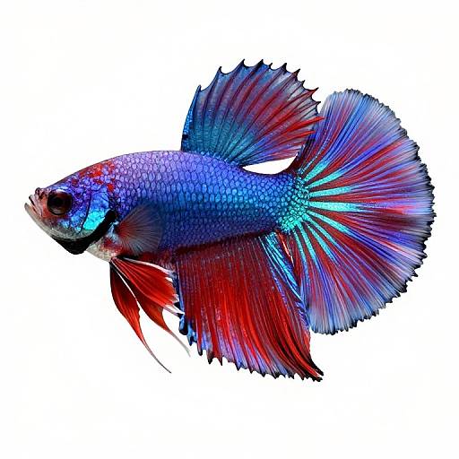 Vibrant digital illustration of a blue and red fish with iridescent scales and translucent, fan-like fins against a white background.