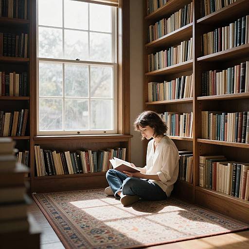 Photograph of a curly-haired woman in a white blouse, sitting cross-legged on a patterned rug, reading a book in a sunlit, wooden