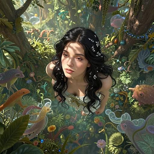 Digital artwork of a fair-skinned woman with long black hair, gazing upward in a vibrant, underwater-like forest filled with colorful fish and lush green