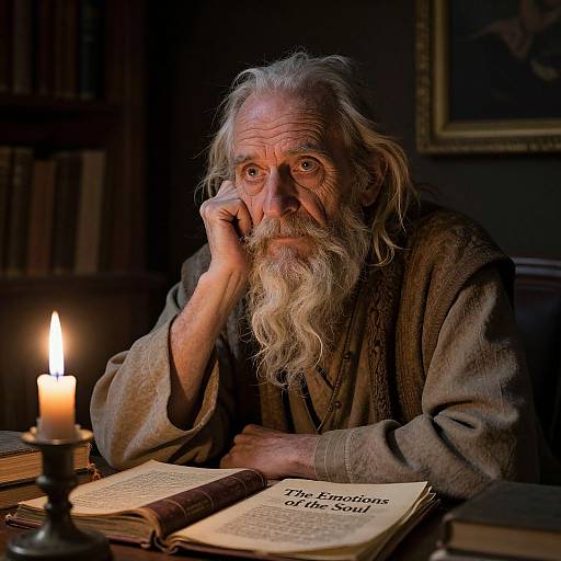 Photograph of an elderly man with a long white beard, wearing a brown robe, deeply engrossed in an ancient book by candlelight.