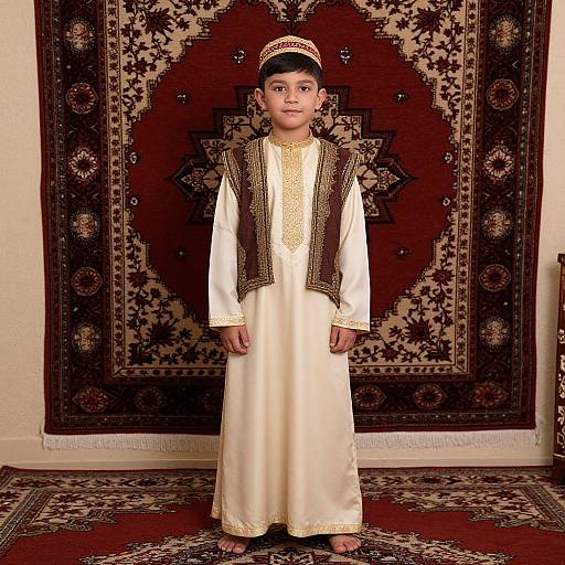 Photograph of a young boy in a cream traditional Arabic outfit with gold embroidery, brown vest, and white cap, standing in front of a richly
