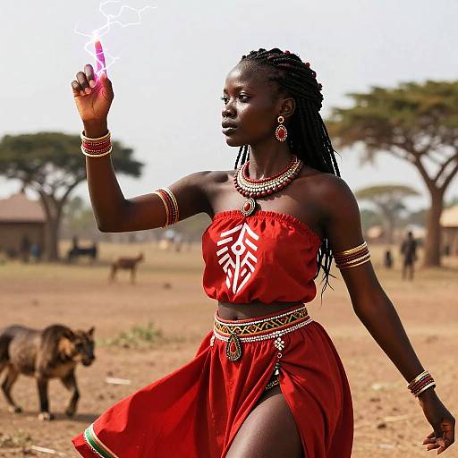 Electric Warrior Queen in Red Dress