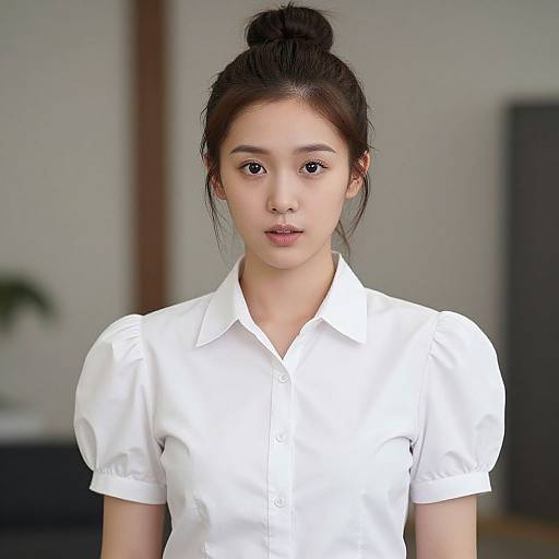 Photograph of an East Asian woman with fair skin, black hair in a bun, wearing a white short-sleeve button-up shirt, standing indoors