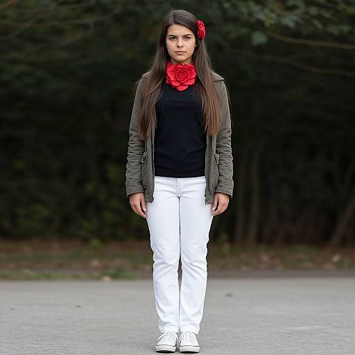 Photograph of a young woman with long dark hair, wearing a red rose scarf, black top, olive green jacket, white pants, and white shoes