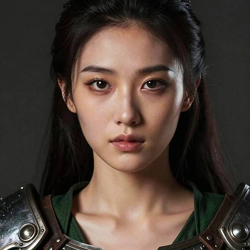 Photorealistic portrait of an East Asian woman with long black hair, wearing metallic armor, against a dark background, focusing on her serious expression.