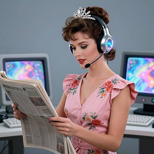 Photograph of a 1950s-style woman with brown hair in a bun, wearing a pink floral dress and headset, reading a newspaper in a