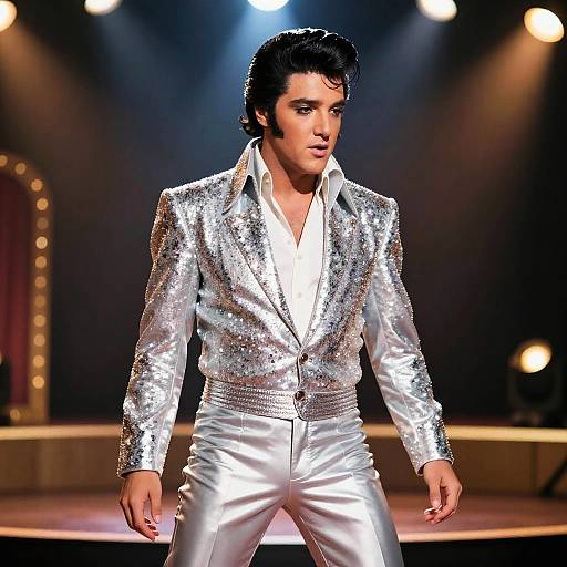 Photograph of a male model with dark hair, wearing a shimmering silver blazer and white pants, standing confidently on a lit stage.