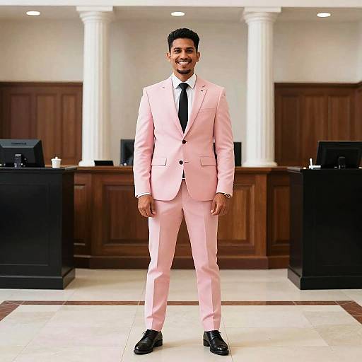 Photograph of a smiling young South Asian man in a light pink suit, black tie, and black shoes, standing in a courtroom with wooden paneling