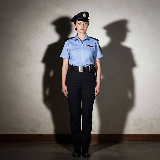 Photograph of a young female police officer standing against a white wall, casting a shadow of her uniformed figure, wearing light blue shirt, black pants
