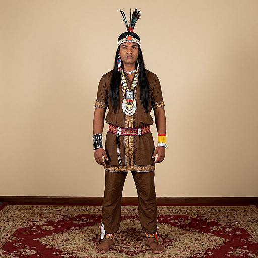 Photograph of a young Native American man in traditional brown attire, adorned with feathered headband, beaded necklaces, and bracelets, standing on