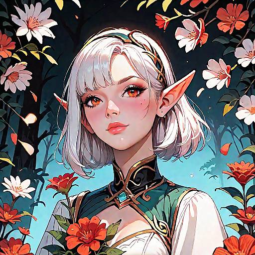 Smiling White-Haired Elf in Forest
