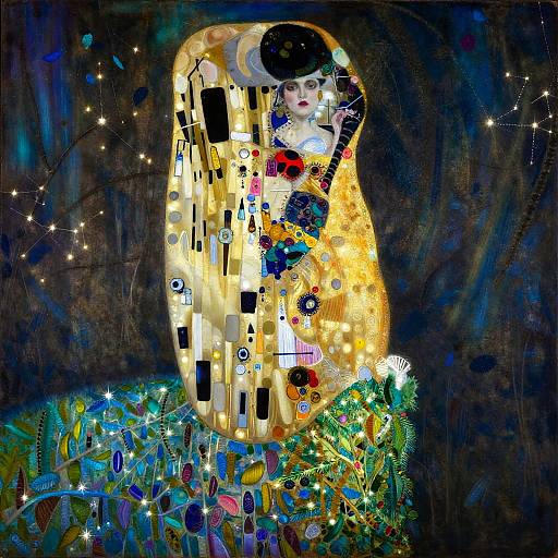 Klimt-inspired Golden Gown Over Bioluminescent Lagoon