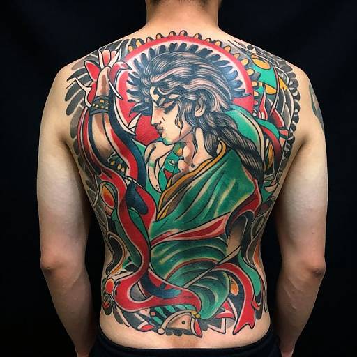 Photograph of a tattooed back featuring a colorful, detailed portrait of a Japanese samurai with flowing hair and red, green, and black traditional Japanese