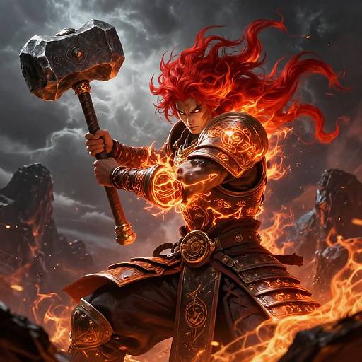 Digital art of a fierce warrior with red flames in hair, wielding a massive, glowing hammer, surrounded by fire and dark clouds.