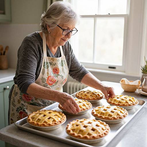 Elderly woman with gray hair, glasses, floral apron, and dark sweater, baking six golden apple pies in sunlit kitchen.