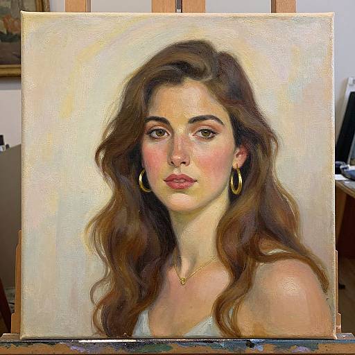 Realistic oil painting of a young woman with wavy brown hair, fair skin, pink cheeks, gold hoop earrings, and a white top.