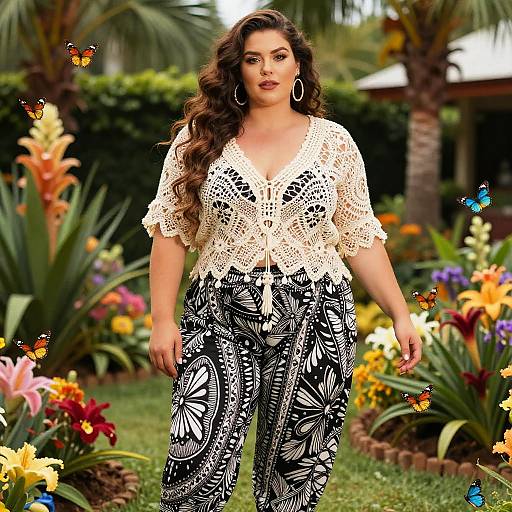 Photograph of a curvy, dark-haired woman with large hoop earrings, wearing a white lace top and black floral pants, standing in a vibrant,