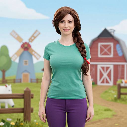Photorealistic CGI of a smiling woman with long brown hair in a braid, wearing a green top and purple pants, standing in a sunny farm