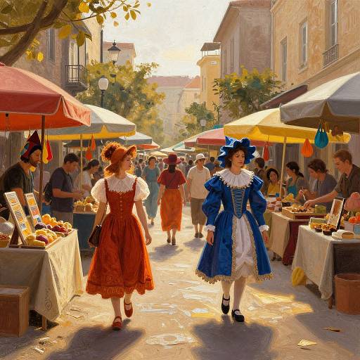 Vibrant digital painting of a sunlit, bustling 18th-century market street with women in red and blue dresses, vendors, and colorful umb