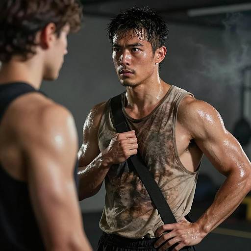 Sweaty Muscular Man Facing Opponent