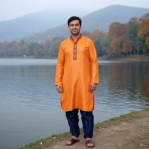 Photograph of a smiling South Asian man in an orange traditional kurta, black pants, and sandals, standing by a calm lake with autumn-colored trees