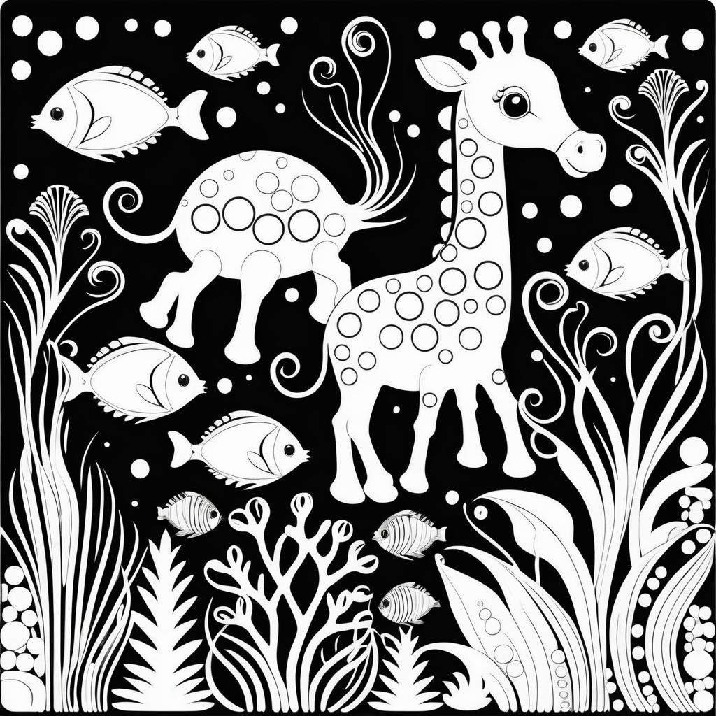 Giraffe and Sea Life Coloring Page