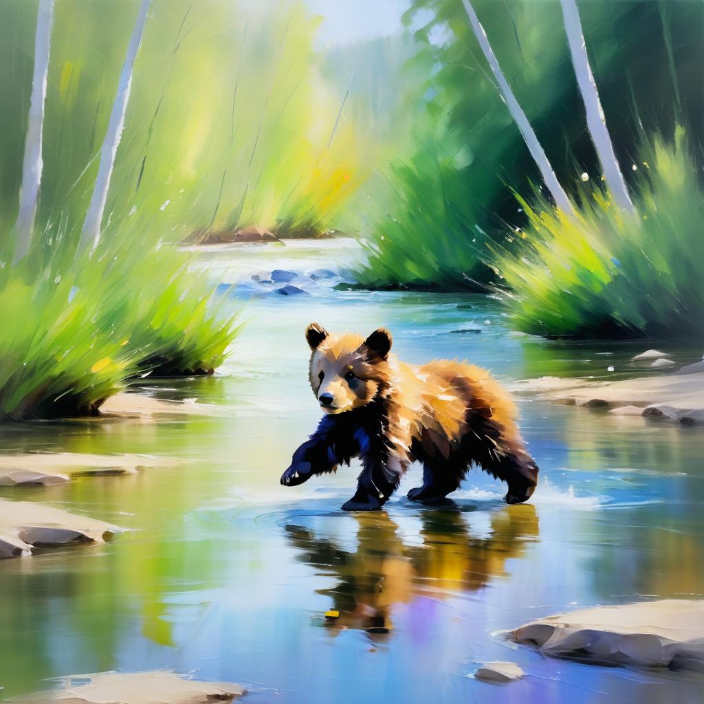 Vivid Impressionist Baby Bear Cub Scene