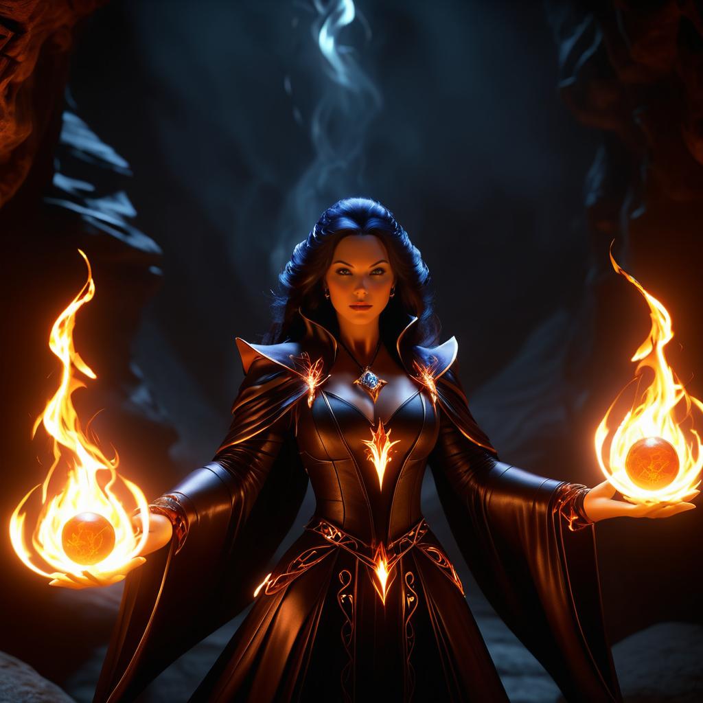 Epic Sorceress Conjuring Fireballs in Cavern