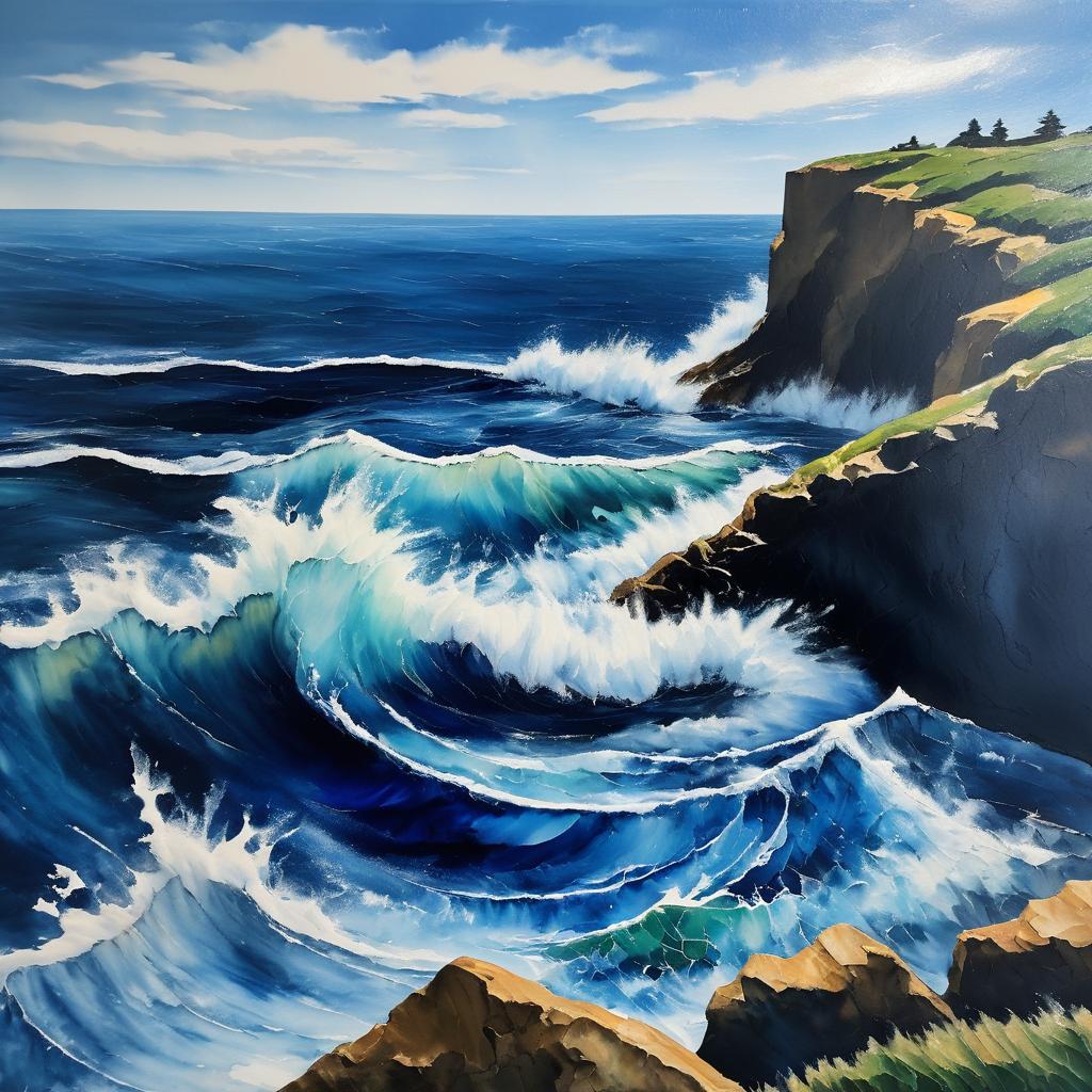 Acrylic Painting of Ocean Waves and Cliffs