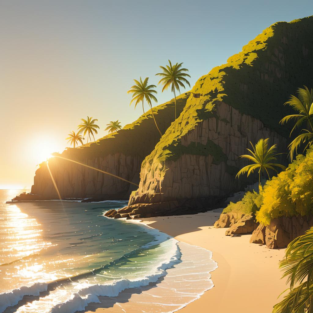 Serene Palm-Lined Coast with Golden Light