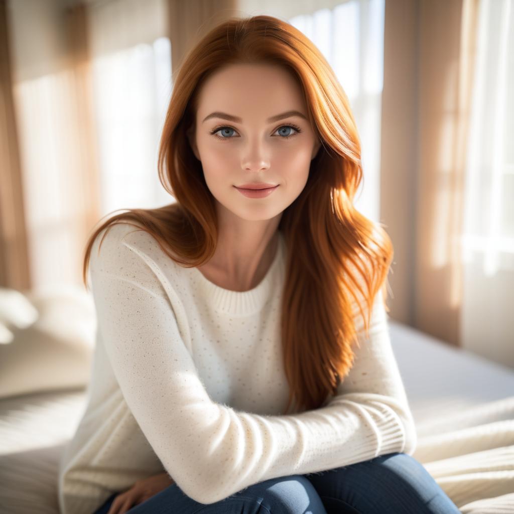 Auburn-Haired Woman in Sunlit Bedroom