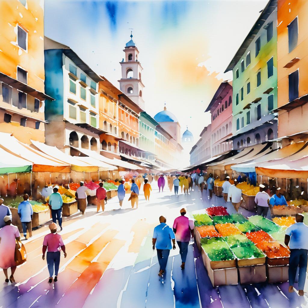 Vibrant Watercolor Market Square Scene